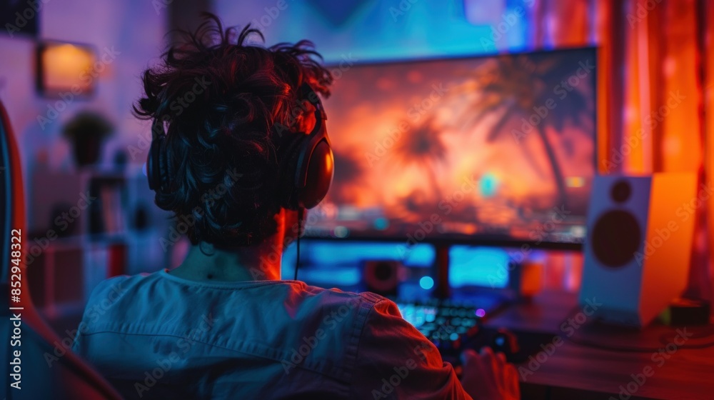 A gamer enjoying a late-night gaming marathon, illuminated by the glow of their gaming monitors and RGB keyboard. The room is filled with an array of colors, creating a dynamic and energetic A gamer enjoying a late-night gaming marathon, illuminated by the glow of their gaming monitors and RGB keyboard. The room is filled with an array of colors, creating a dynamic and energetic