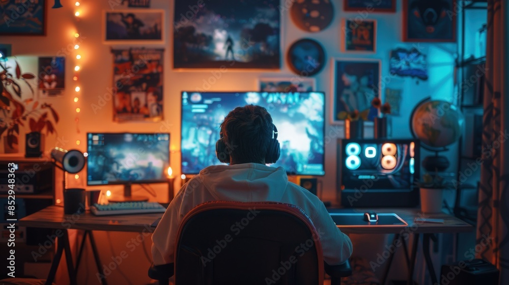 A cozy gaming setup with a gamer immersed in their favorite game, illuminated by the soft glow of RGB lights. The room is adorned with gaming posters and collectibles, adding a personal touch to the A cozy gaming setup with a gamer immersed in their favorite game, illuminated by the soft glow of RGB lights. The room is adorned with gaming posters and collectibles, adding a personal touch to the
