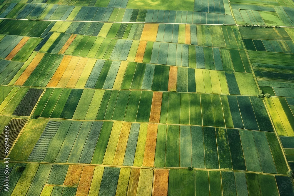 Aerial view of farming fields in a rural area with green crops and agricultural growth. Aerial view of farming fields in a rural area with green crops and agricultural growth.