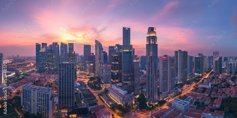 Fototapeta premium A skyline with downtown skyscrapers and a tower at sunrise in an urban metropolis.