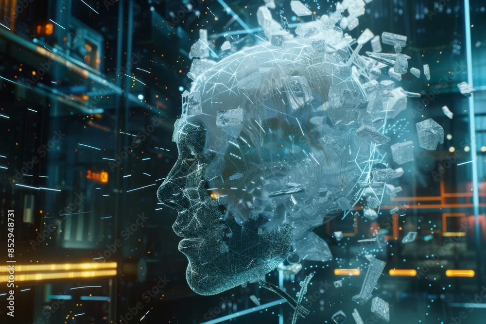Obraz premium Digital head dissolving into particles amidst a high-tech, futuristic backdrop with neon lights
