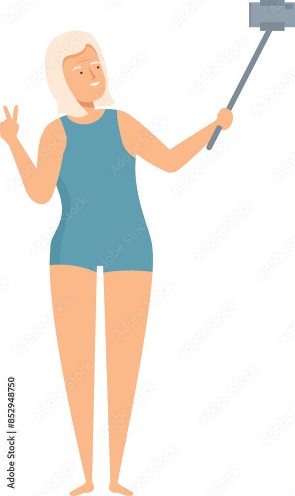 Senior woman is taking a selfie with a monopod while showing the peace sign Senior woman is taking a selfie with a monopod while showing the peace sign