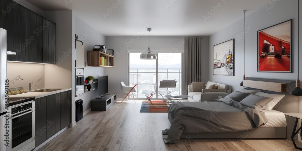 interior design spacious bright studio apartment in Scandinavian style and warm pastel white and beige colors. trendy furniture in the living area and modern details in the kitchen area. interior design spacious bright studio apartment in Scandinavian style and warm pastel white and beige colors. trendy furniture in the living area and modern details in the kitchen area.