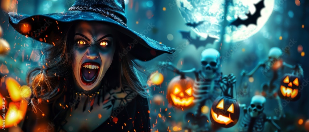 A witch with fiery eyes and black hat screaming in a haunted forest with glowing jack-o'-lanterns and skeletons