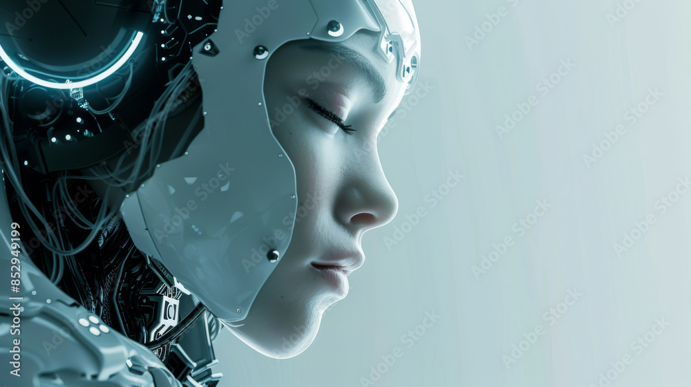 Close-up of a peaceful humanoid robot with closed eyes, showcasing advanced AI and sleek futuristic design in soft lighting. Close-up of a peaceful humanoid robot with closed eyes, showcasing advanced AI and sleek futuristic design in soft lighting.