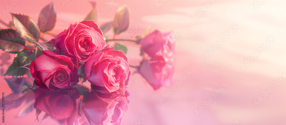 Elegant Pink Roses with Soft Reflection on Glossy Surface in Gentle Light Elegant Pink Roses with Soft Reflection on Glossy Surface in Gentle Light