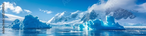 An icy wilderness with glaciers and icebergs, reflecting the effects of global warming in the polar region. photo