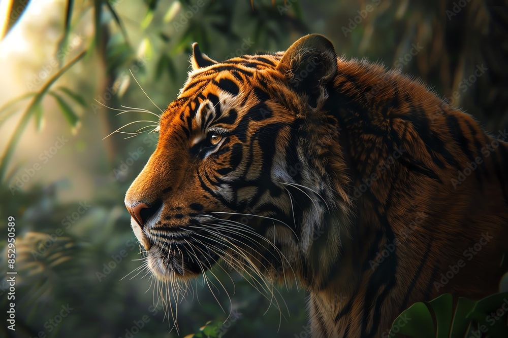 Fototapeta premium Close-up of a majestic tiger in a lush, green jungle environment, showcasing detailed fur patterns and intense, focused gaze.