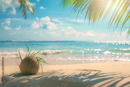 Tropical beach scene with a fresh coconut drink placed on the sand, illustrating an idyllic summer vacation setting.