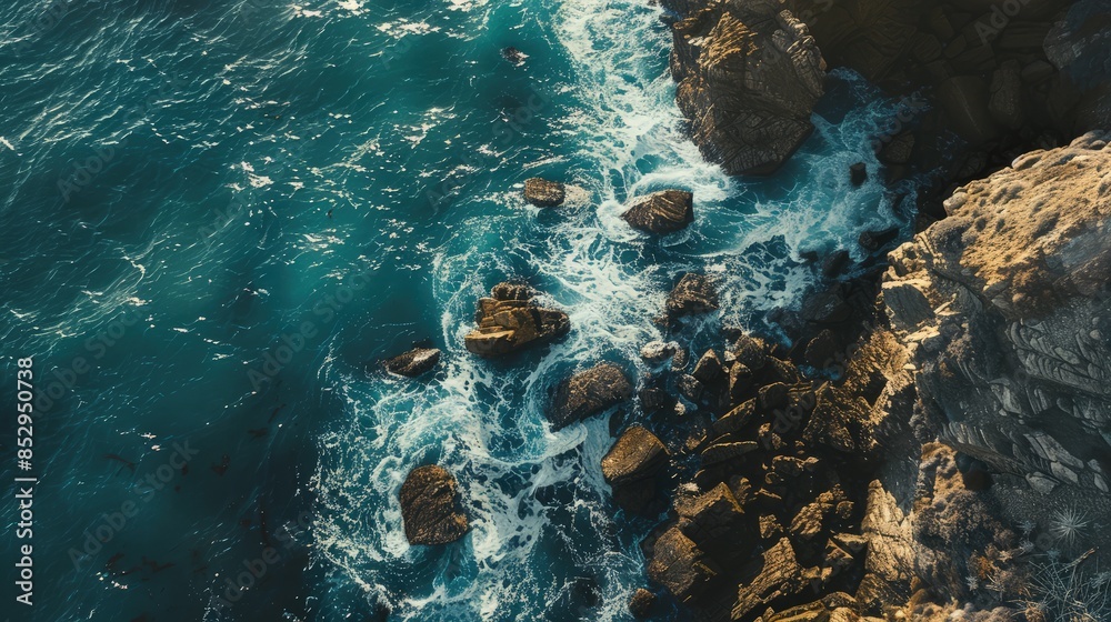 Aerial View of a Rocky Shore Along the Ocean with Waves Crashing Against the Rocks, Highlighting the Rugged Coastline and Dynamic Textures of the Shoreline Aerial View of a Rocky Shore Along the Ocean with Waves Crashing Against the Rocks, Highlighting the Rugged Coastline and Dynamic Textures of the Shoreline