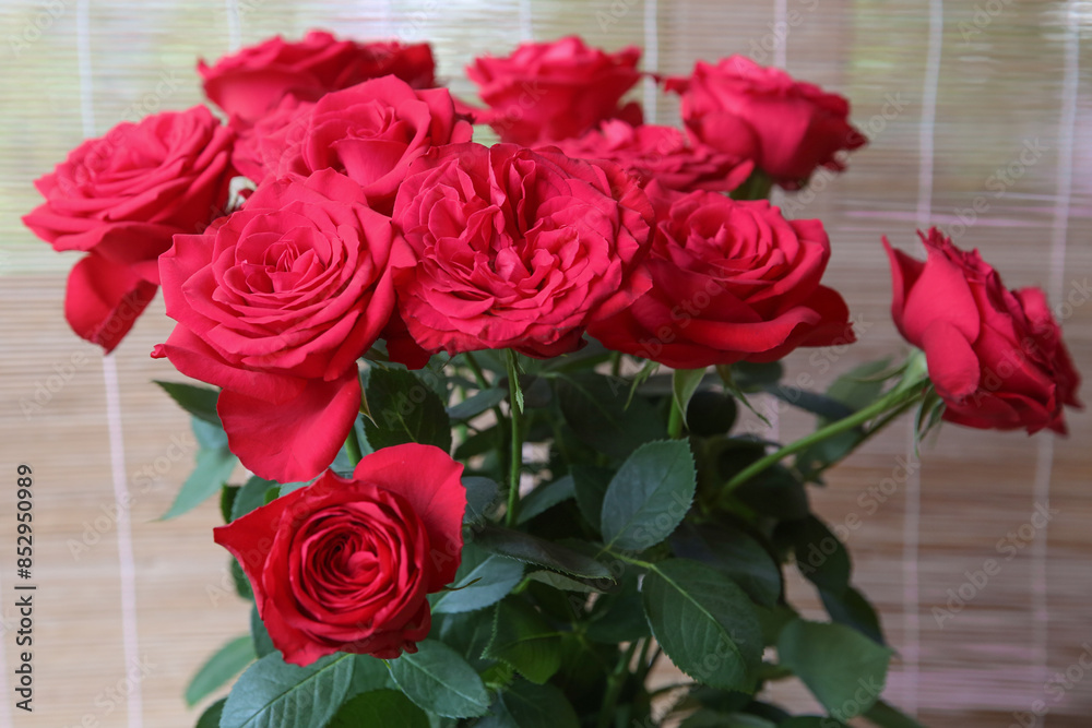 A bouquet of red garden roses. Blurred floral background A bouquet of red garden roses. Blurred floral background