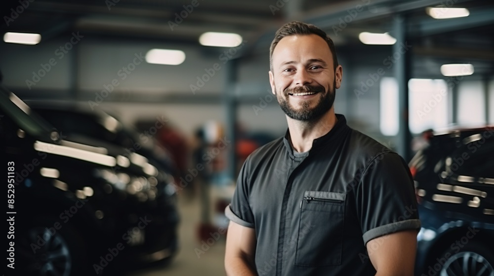 smiling Caucasian auto mechanic in uniform in a car repair and painting shop smilingly looks at the camera. smiling Caucasian auto mechanic in uniform in a car repair and painting shop smilingly looks at the camera.