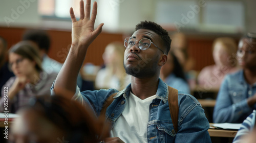 a Black student raising their hand to answer a question photo