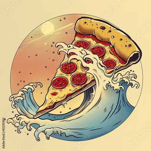 Vector Illustration of Pizza Riding a Wave