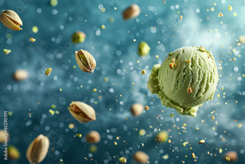 Floating pistachio ice cream scoop with pistachios in the air, creating a magical and dreamy scene. photo