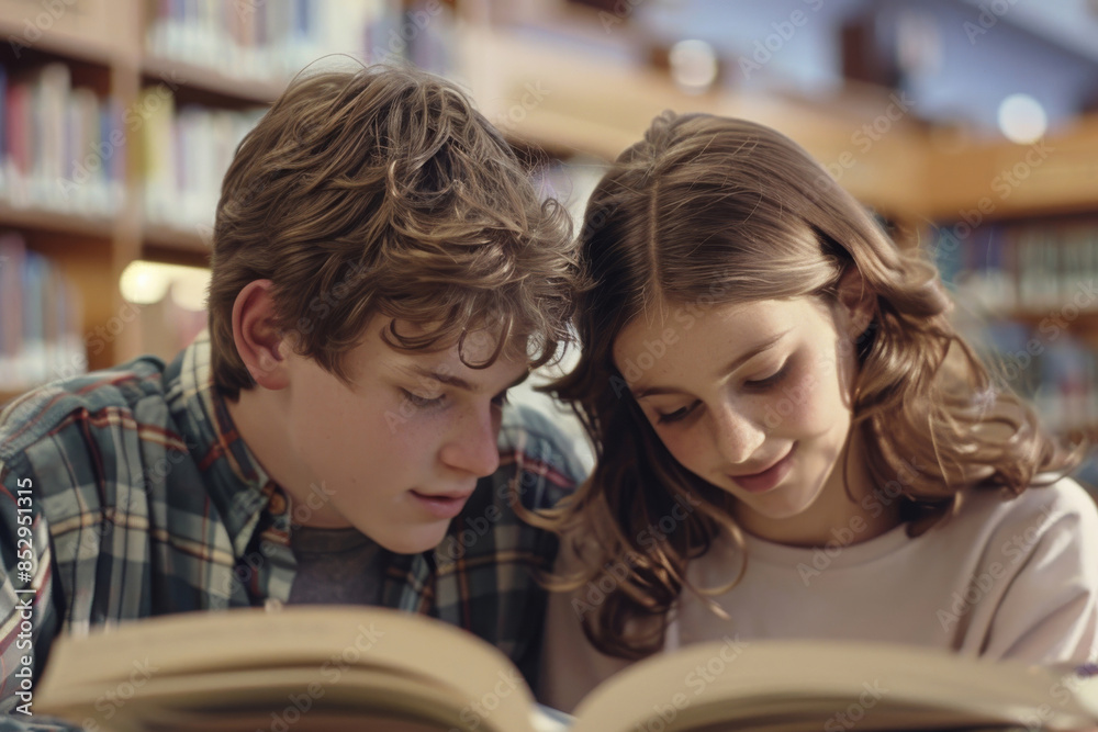 a Caucasian boy and girl reading together in the library a Caucasian boy and girl reading together in the library