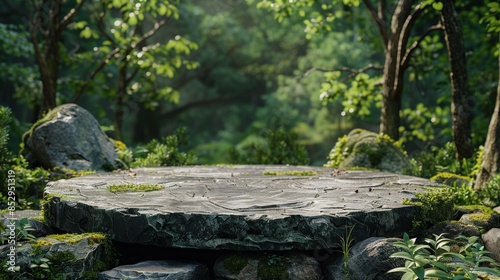 Flat stone podium in the magical forest , empty round stand background. back to nature