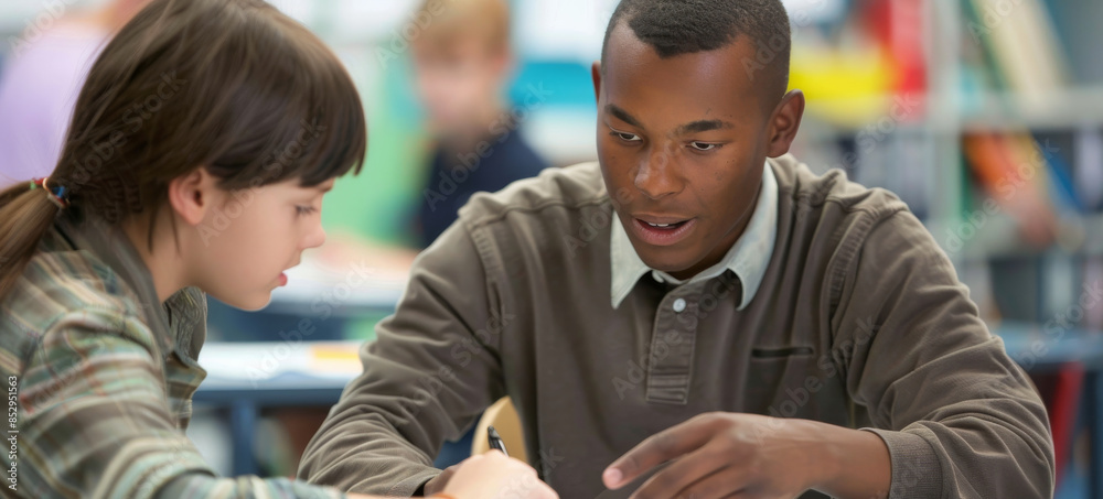 a Caucasian student showing their homework to a teacher a Caucasian student showing their homework to a teacher