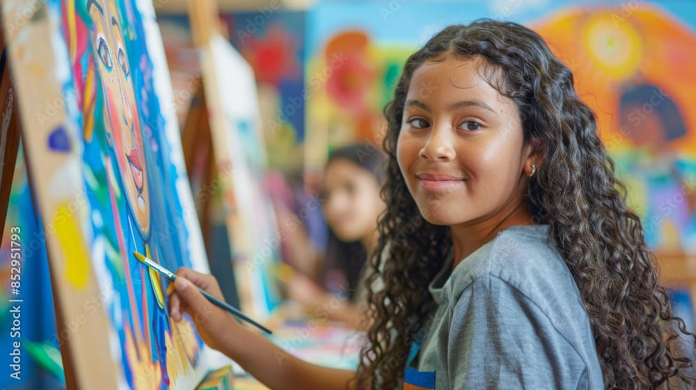 a Hispanic girl drawing on an easel during art class