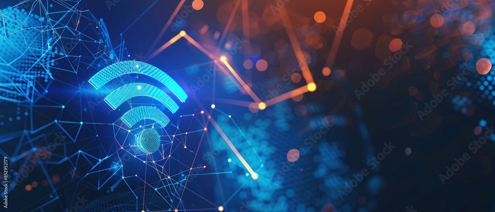 Abstract Data Background Illustrating Wireless Network Theme with Prominent Blue WiFi Symbol and Digital Connectivity Elements Abstract Data Background Illustrating Wireless Network Theme with Prominent Blue WiFi Symbol and Digital Connectivity Elements
