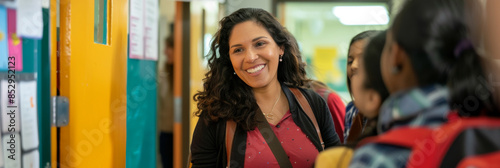 a Hispanic teacher greeting her students at the classroom door