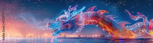 Worms-eye view of a majestic ice sculpture dragon at Harbin Ice and Snow Festival photo