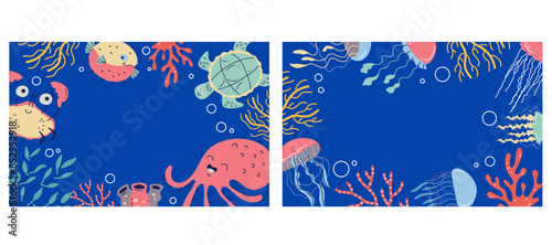 Sea bottom animals cards isolated set concept. Vector graphic design illustration
