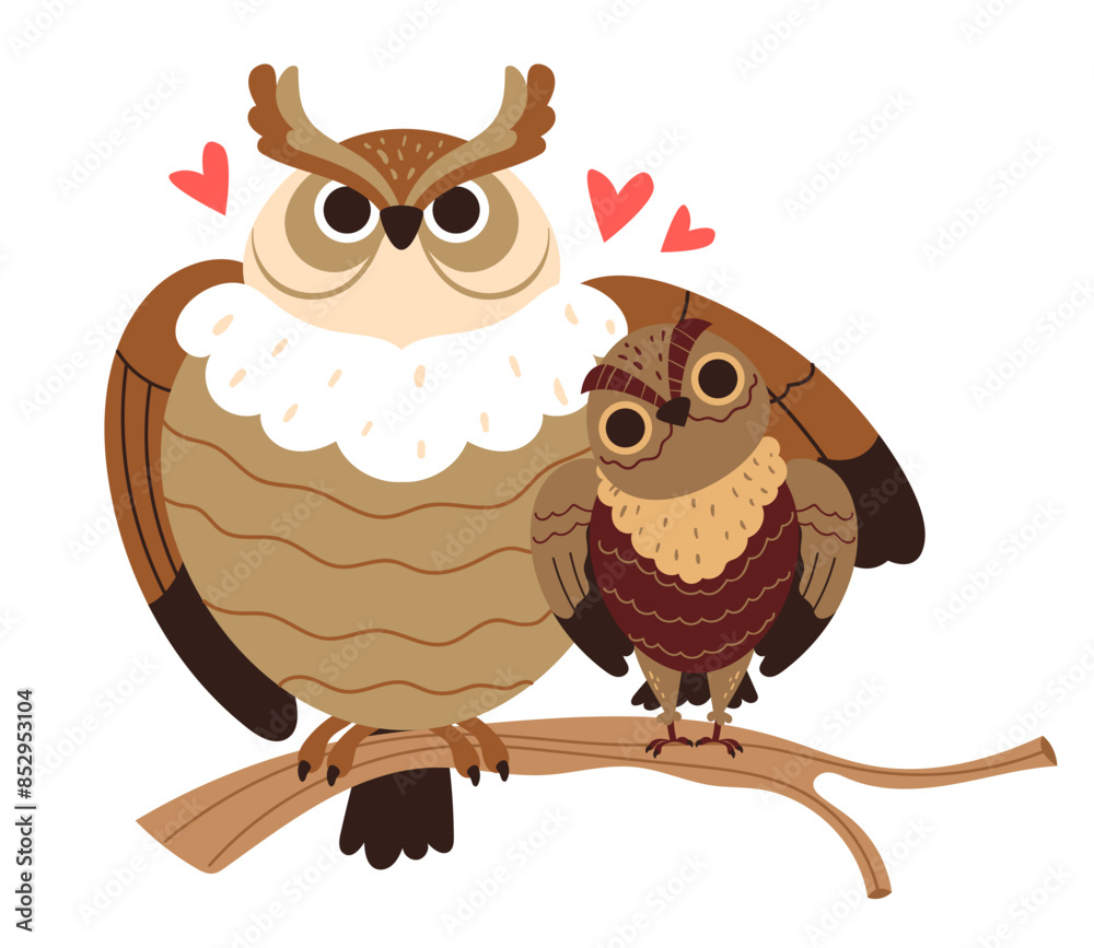 Fototapeta premium Mom mother owl and child bird concept. Vector flat graphic design illustration