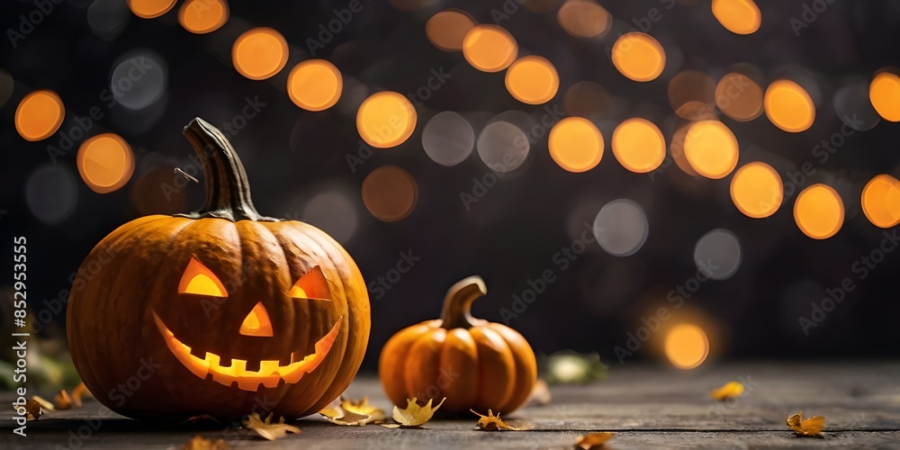 Fototapeta premium Happy halloween with pumpkin. Bokeh background. Generative AI