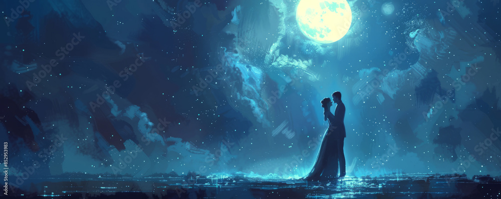 A couple slow dancing in the moonlight, lost in each other's arms and the magic of the night. A couple slow dancing in the moonlight, lost in each other's arms and the magic of the night.