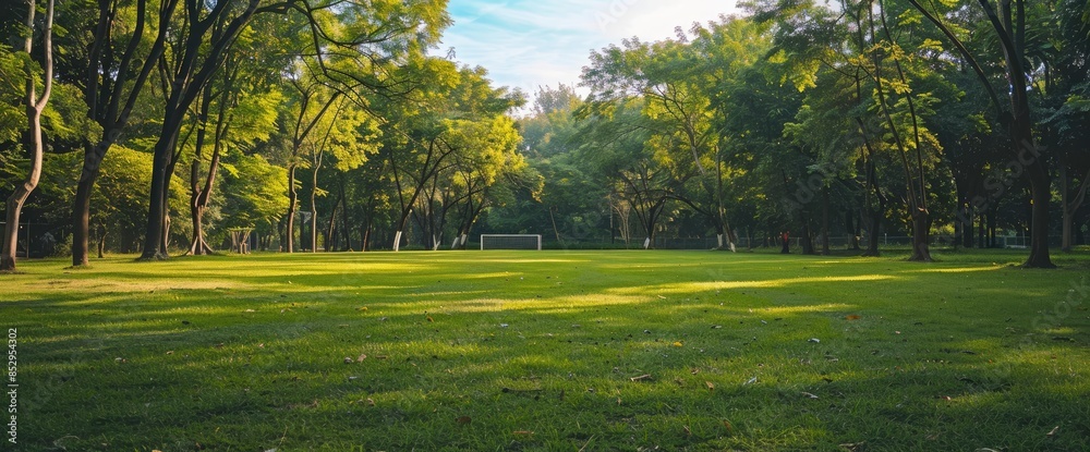 Surrounded By Verdant Green Trees, The Soccer Field Captures A Lively Summer Atmosphere Surrounded By Verdant Green Trees, The Soccer Field Captures A Lively Summer Atmosphere