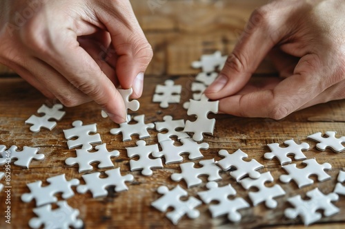 Close-up of hands assembling white puzzle pieces on a wooden table, highlighting focus, problem-solving, and teamwork.