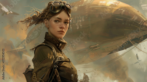 A steampunk mercenary with a high-collared shirt and goggles on her forehead, standing in front of a dirigible , concept art of a female character, steampunk style, mysterious merc photo