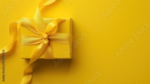 Bright yellow gift present box with ribbon and bow on yellow background top view copy space