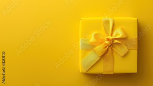 Bright yellow gift present box with ribbon and bow on yellow background top view copy space