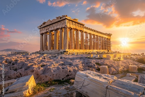 Vibrant sunset casting hues on parthenon temple, acropolis of athens, greece, creating stunning view