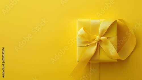 Bright yellow gift present box with ribbon and bow on yellow background top view copy space