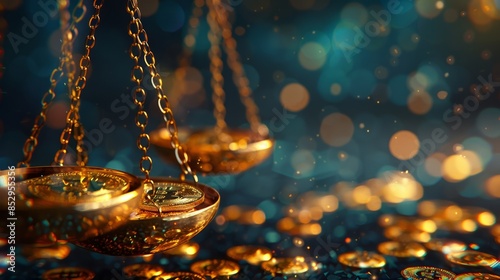 Golden scales and coins in a bokeh-lit scene with a magical aura