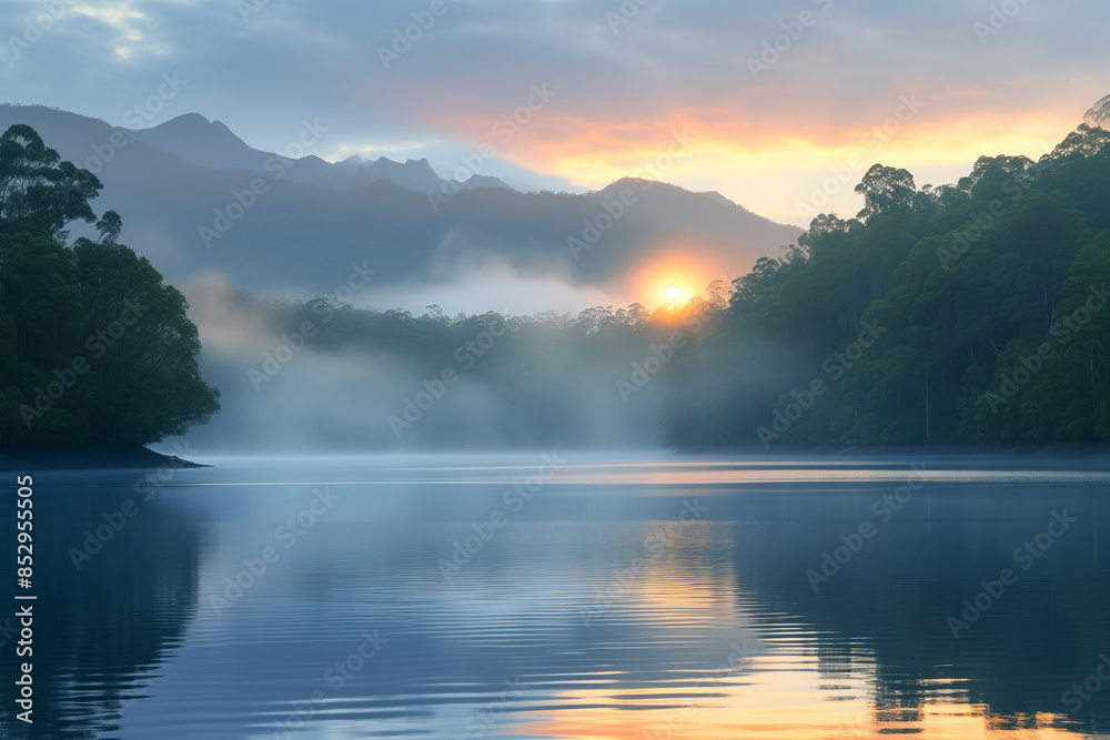 A Serene Lake at Dawn with Mist Rising from the Water, Surrounded by Dense Forests and Mountains, Generative AI A Serene Lake at Dawn with Mist Rising from the Water, Surrounded by Dense Forests and Mountains, Generative AI
