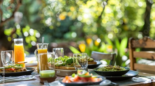 stylish brunch setting with avocado toast, fresh juice, and a beautifully set table AI generated