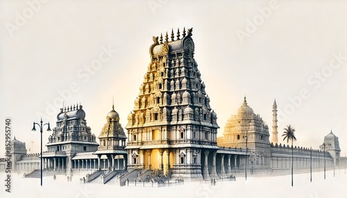 Watercolor illustration of a famous temples in tamil nadu.