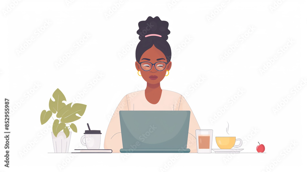 A young woman, seated at a table with her laptop, engages in a video call conversation. A young woman, seated at a table with her laptop, engages in a video call conversation.