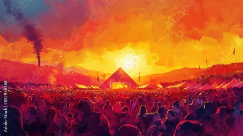 Low-angle view of Glastonbury Festival in golden hour, sea of people, iconic pyramid stage, vivid watercolor wash emphasizing the energy and diversity, filled with dynamic movement