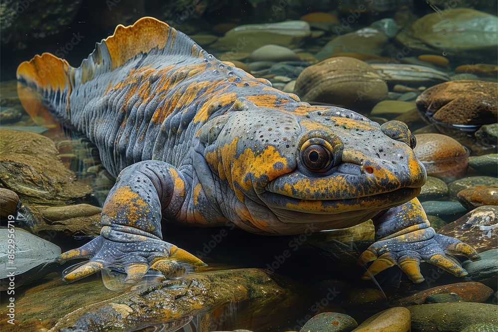 A Chinese giant salamander submerged in a clear mountain stream, its large, flattened head and wrinkled skin camouflaged among the rocks. A Chinese giant salamander submerged in a clear mountain stream, its large, flattened head and wrinkled skin camouflaged among the rocks.