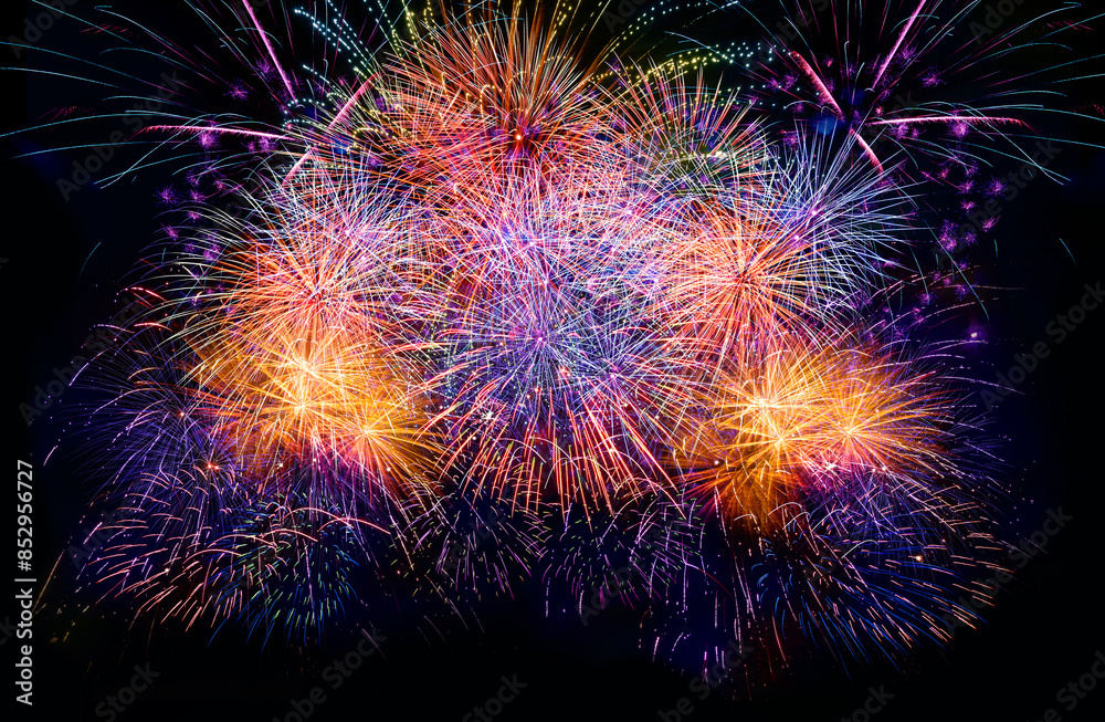 colourful firework display set for celebration happy new year and merry christmas and  fireworks on black background