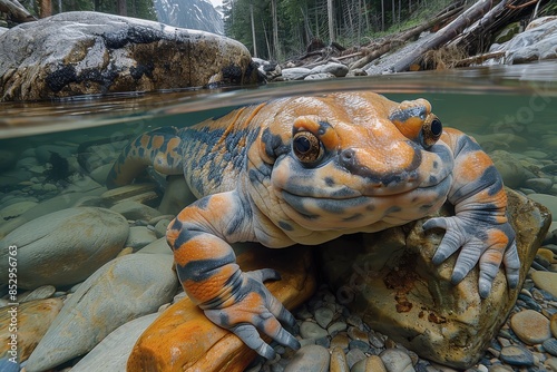 A Chinese giant salamander submerged in a clear mountain stream, its large, flattened head and wrinkled skin camouflaged among the rocks. © Nico