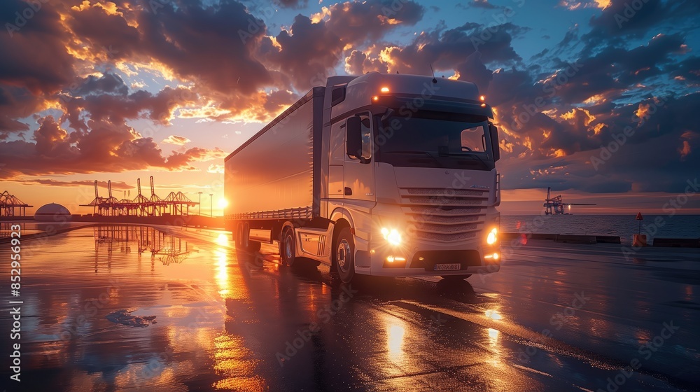A semi truck is driving down a wet road at sunset with clouds in the sky A semi truck is driving down a wet road at sunset with clouds in the sky