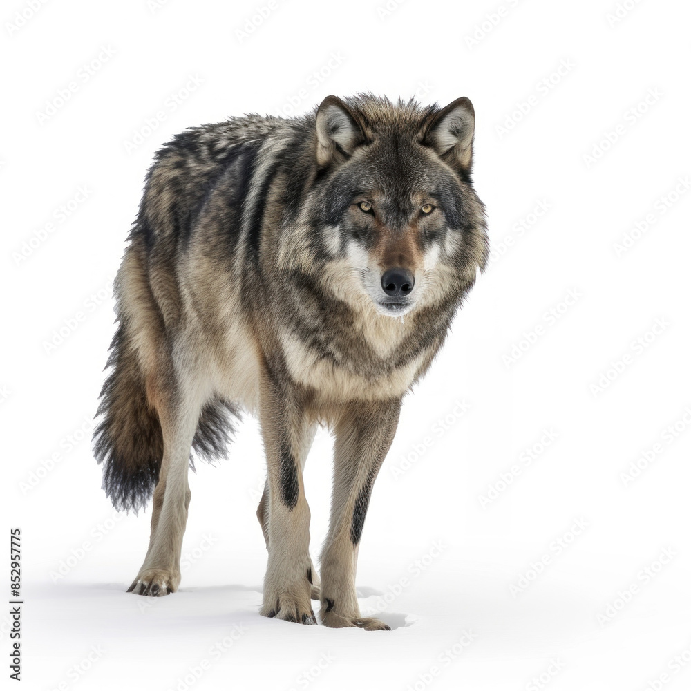 Intense gaze of a Gray Wolf standing in a natural pose, showcasing its piercing eyes and robust fur pattern. Intense gaze of a Gray Wolf standing in a natural pose, showcasing its piercing eyes and robust fur pattern.