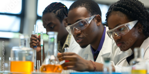 Black students conducting experiments in chemistry class