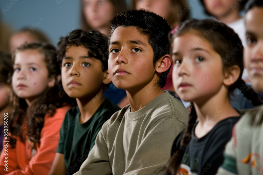 Hispanic students practicing a play for a school performance Hispanic students practicing a play for a school performance
